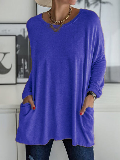 Crew neck long sleeve loose pocket solid color T-shirt casual women's clothing m301315