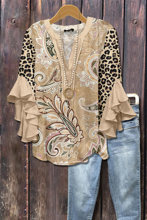 Kreativer Digitaldruck mit Blumenelementdruck, lässiger Trend, V-Ausschnitt, Lotuskante, T-Shirt m301352 