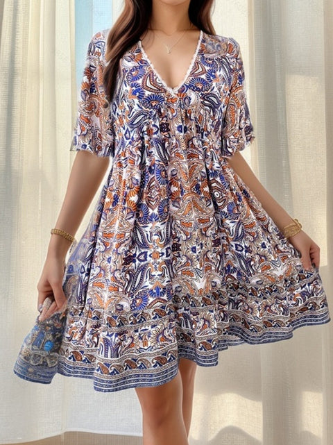 Robe décontractée à col en V imprimée pour les vacances de printemps et d'été M300211 