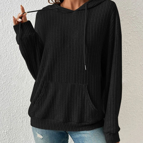 Damen-Strickpullover mit Kapuze, Pit-Streifen und Kängurutasche, m300525 