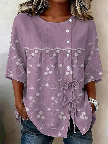 Color matching loose blouse five-button drawstring shirt m302758