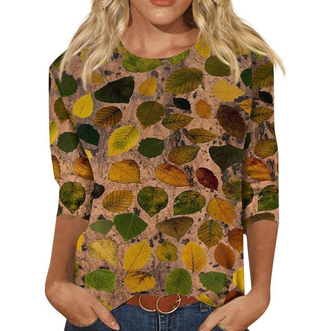 Pull ras du cou à manches sept-quarts et imprimé 3D de fleurs et de plantes m300615 