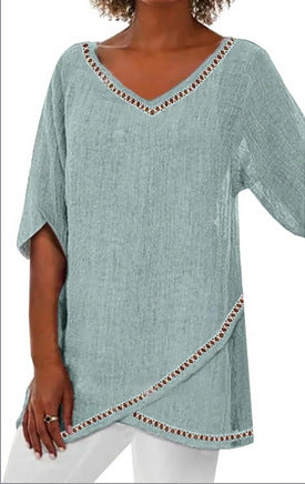 Damen-T-Shirt mit V-Ausschnitt und neunviertellangen Ärmeln und Tiermotiven, lockeres Motiv, m301289 