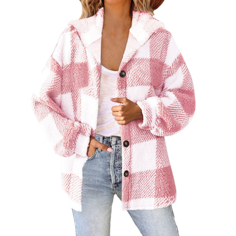 Bedruckte karierte Kapuzenjacke mit Knöpfen, Plüsch-Thermojacke für Damen, m300438 