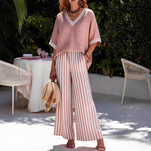 Women's casual striped comfortable loose V-neck two-piece set m302912