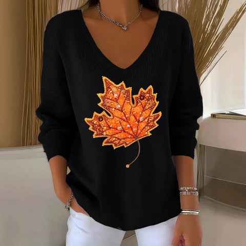 Shoulder V-neck long-sleeved autumn leaf 3D digital printing women's top FF303401 01
