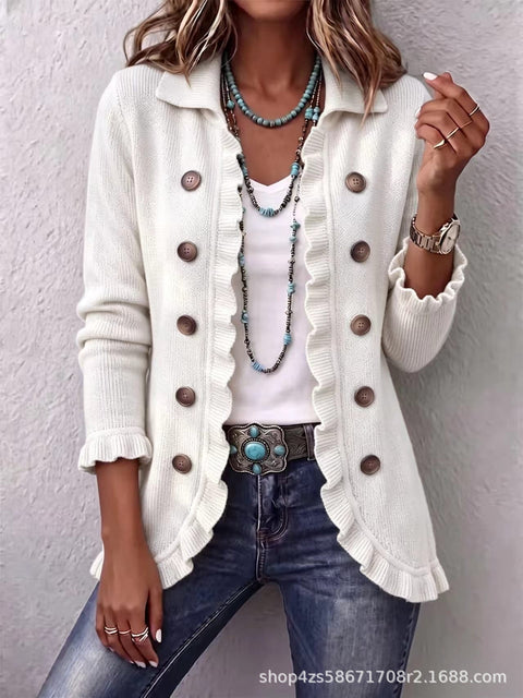 Women's fashion long-sleeved ruffle leaf open button cardigan FF303384 05