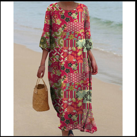 Robe longue à col ras du cou pour femme, imprimée, décontractée, tendance, m301059