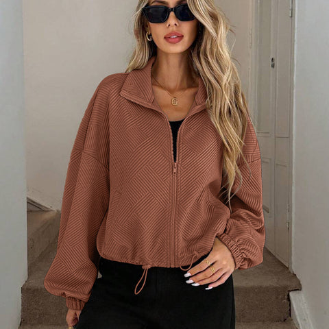 Turtleneck hem drawstring pocket ladies loose baseball jacket m302164