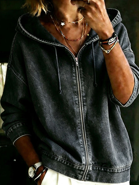 Water hooded cardigan micro-elastic blended cotton zipper sweater jacket loose top FF303276