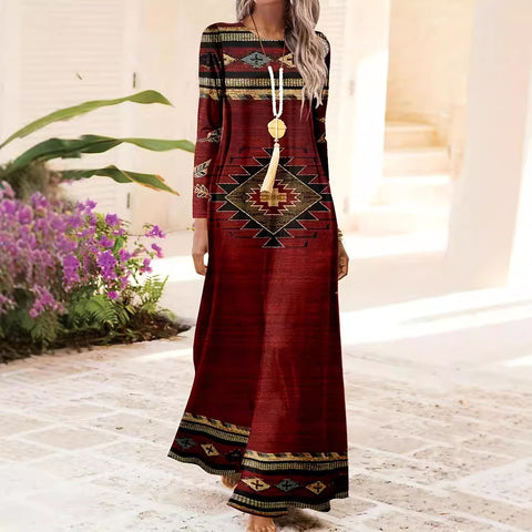 Robe longue à imprimé géométrique et col rond, style rétro ethnique, m300711 
