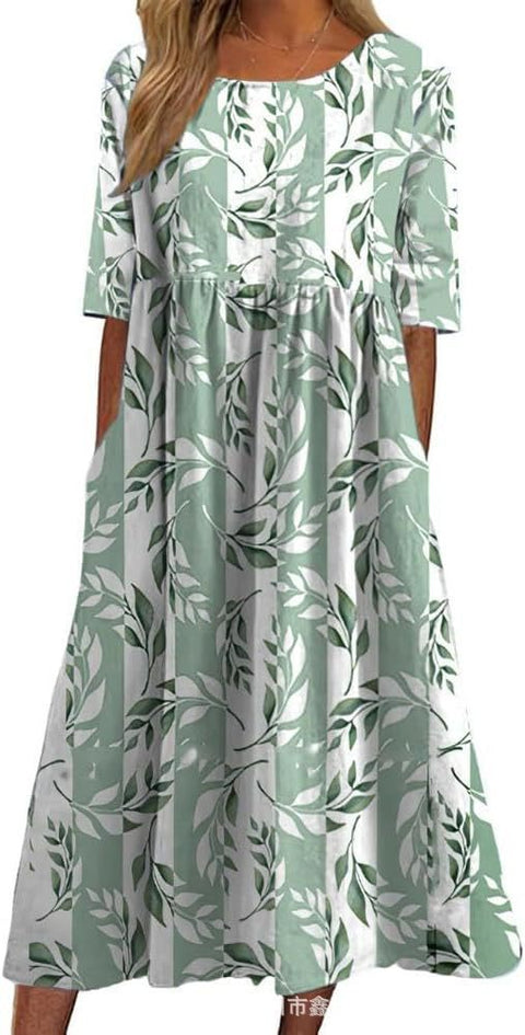 Robe longue décontractée à col ras du cou et manches courtes pour femme, imprimé 3D, taille plissée, style trapèze, m301299 