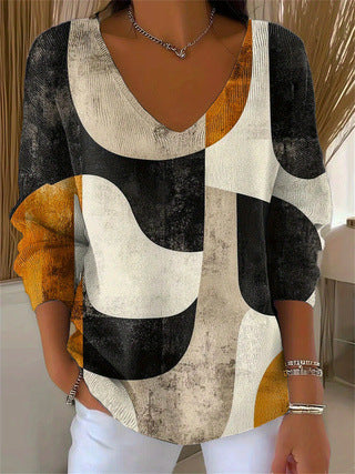 Shoulder V-neck long-sleeved autumn leaf 3D digital printing women's top FF303401 04