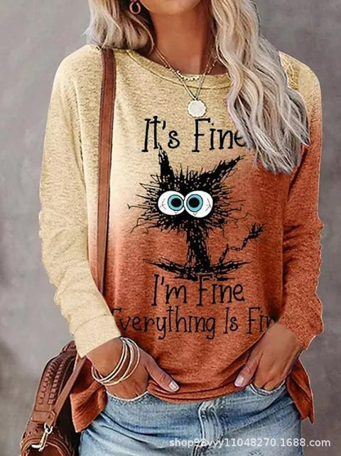 Pet cat gradual change color 3D printing long sleeve T-shirt round neck T-shirt m302928