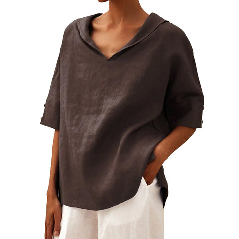 Women's solid color cotton and linen loose hooded top T-shirt m301294