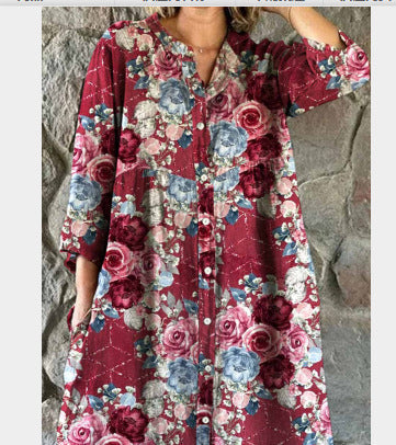 Robe chemise ample à col ras du cou et manches longues pour femme, imprimée, de qualité supérieure, m301050
