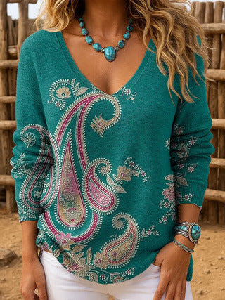 Shoulder V-neck Long Sleeve Pullover 3D Digital Printing Women's Top T-Shirt FF303430 03
