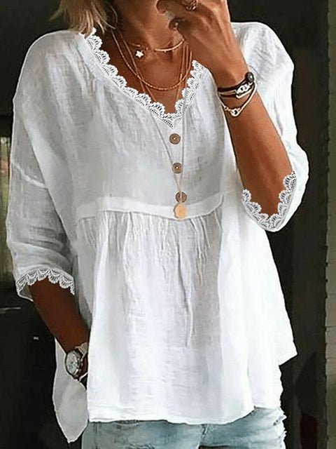 Casual seven-quarter-sleeved lace V-neck pullover multi-color women's top shirt m301420