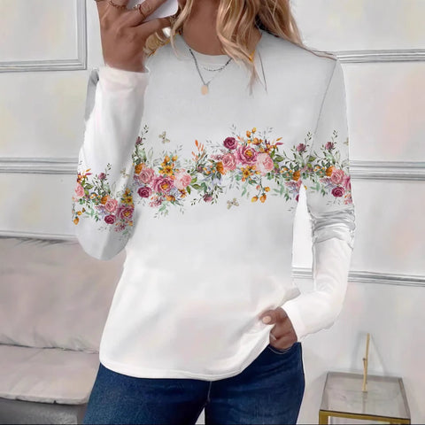 T-shirt ample à manches longues et col rond pour femme, imprimé rétro classique, m301237 