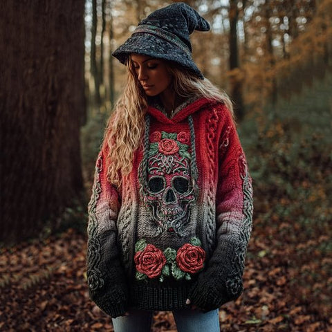 Autumn and winter loose hooded top casual shoulder retro women's printed sweater m302036