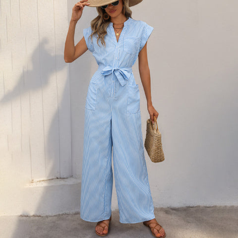Jumpsuit mit V-Ausschnitt, gestreift, Schnüroverall m300837 