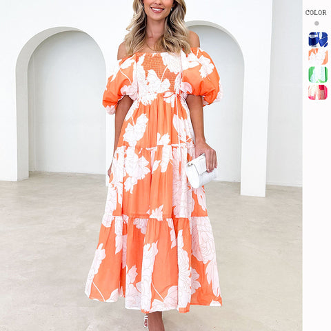 Robe élégante à imprimé floral, épaules dénudées, manches bouffantes, M300289 