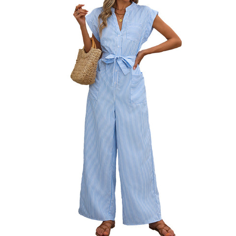 Jumpsuit mit V-Ausschnitt, gestreift, Schnüroverall m300837 