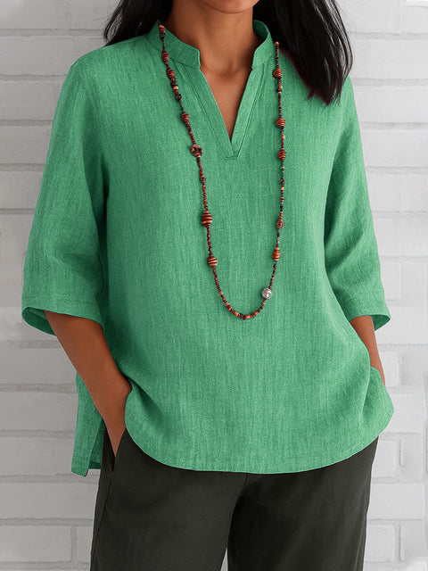 Women's V-neck seven-quarter-sleeved cotton and linen loose casual shirt m302068