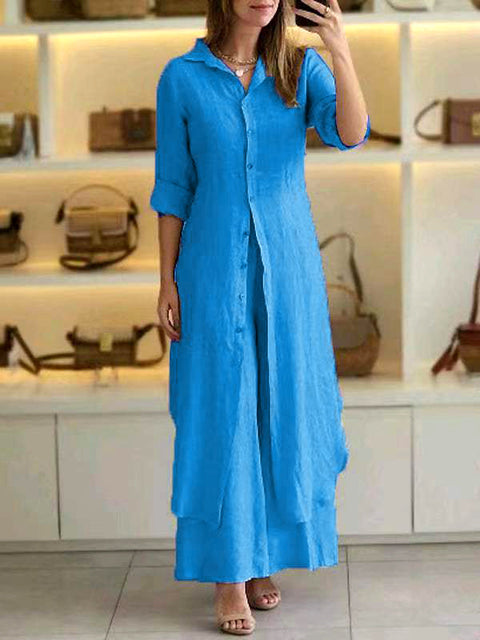 Ensemble élégant en coton et lin, coupe ajustée, chemise à manches longues et pantalon large m301063 