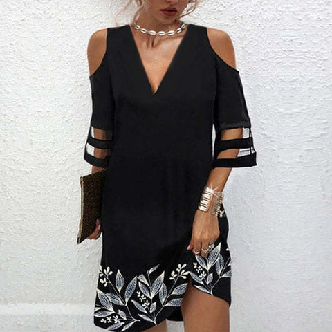 Robe à manches mi-longues et col en V avec coutures en maille fleurie M300180 