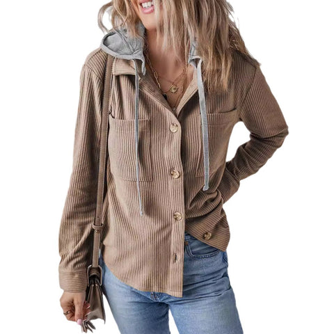 Cardigan à revers avec boucle, sac à main, capuche, corde de traction, veste rayée pour femme m301008 