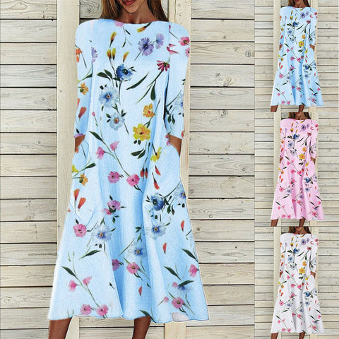 Bedrucktes Pendlerkleid aus Baumwolle und Leinen mit 7-Punkt-Ärmeln und lockerem, langem Temperament m300731 