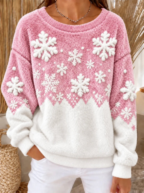 Snowflake print crew neck long-sleeved casual pullover flannel sweater FF303422