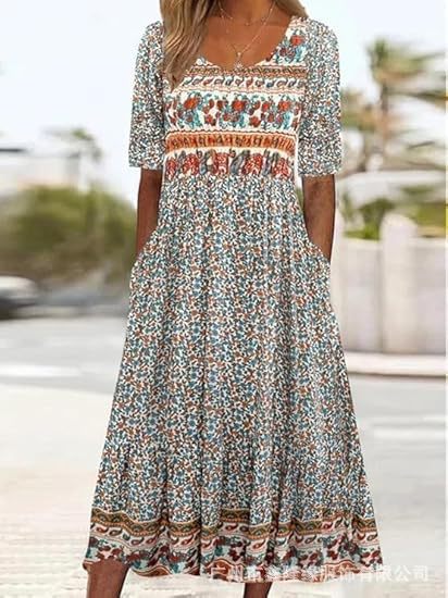 Robe longue décontractée à col ras du cou et manches courtes pour femme, imprimé 3D, taille plissée, style trapèze, m301299 