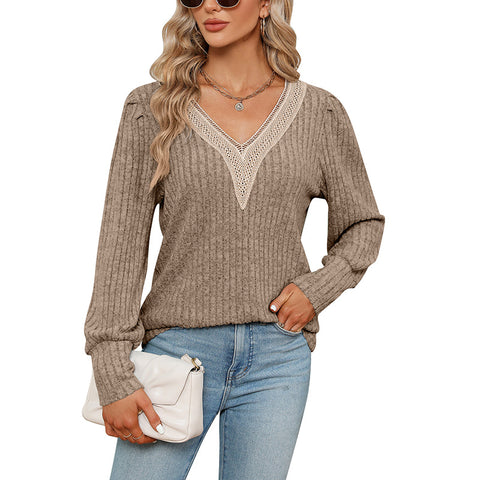 T-shirt ample à manches longues et col en V pour femme, en dentelle, avec bandes sous les aisselles, poli, ample, m300519 