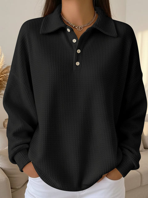 Loose solid color lapel versatile polo shirt waffle long sleeve women's top m302256