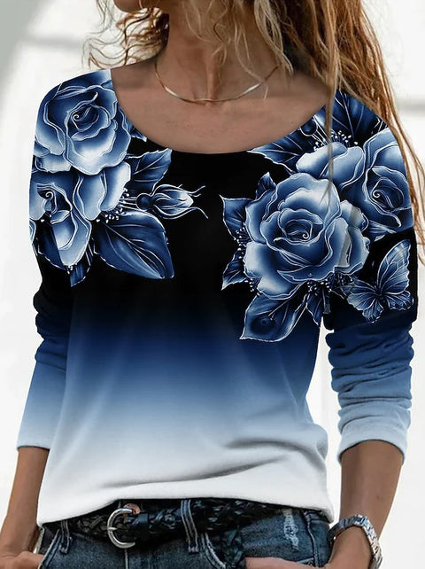Langärmliges, lockeres, lässiges Pullover-T-Shirt mit Rundhalsausschnitt und 3D-Druck für Damen m300857 