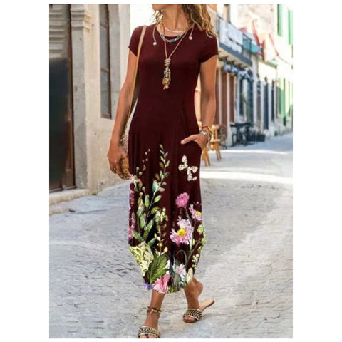 Robe imprimée tendance à manches courtes et col rond avec poche insérée, motif M300025 