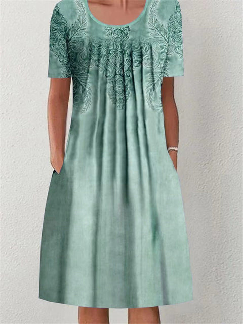 Robe mi-longue à imprimé floral, col rond, poches, printemps/été, pour femme, m300037