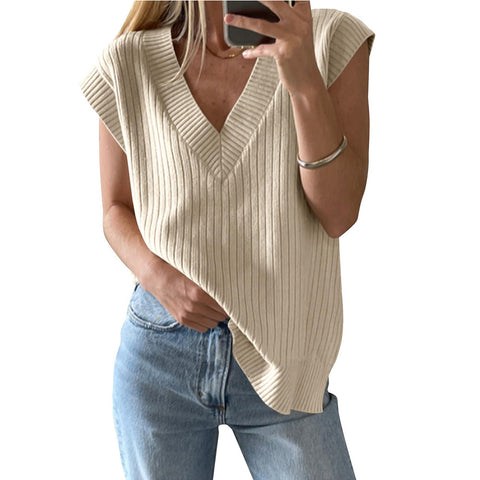 Pull-over ample sans manches à col en V, style décontracté, m300955 