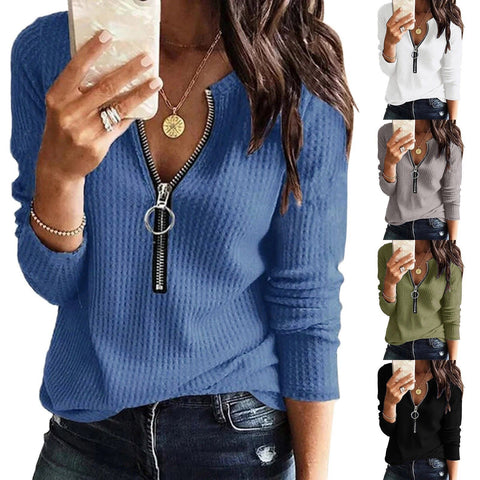 T-shirt tricoté à manches longues et col en V avec fermeture éclair, grande taille, pour femme, M300174 