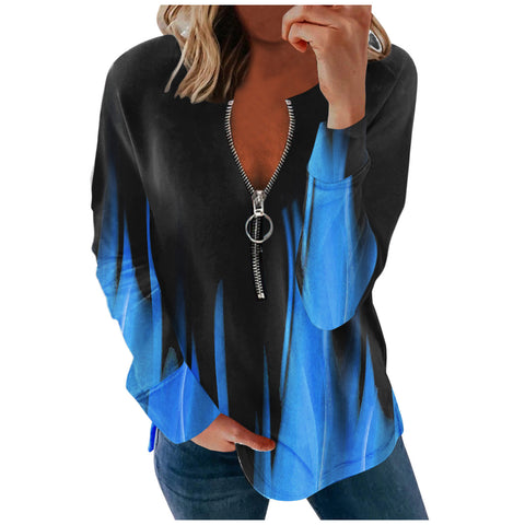 Pull à manches longues et col en V pour femme, imprimé floral, fermeture éclair, M300196 