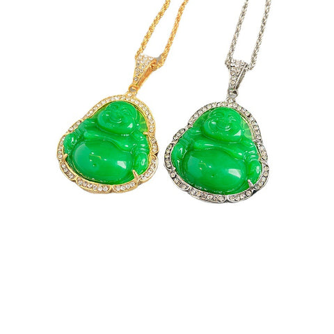 Pendentif Bouddha Maitreya en calcédoine malaise serti de diamants de style chinois, pendentif Bouddha Maitreya à gros ventre m3331257