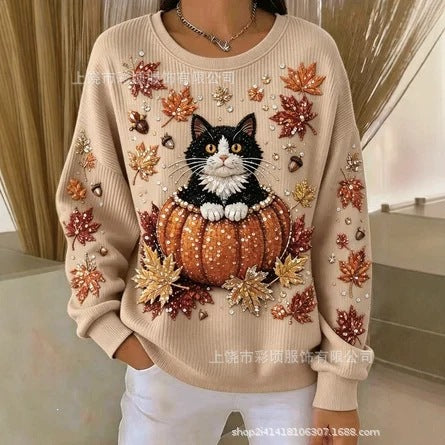 Women's autumn drop shoulder crew neck sweatshirt 3D digital print crew neck FF303475