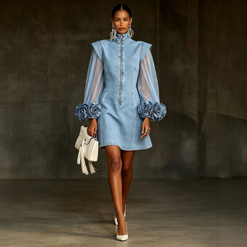 Fashion mesh stitching denim flower dress FF303453