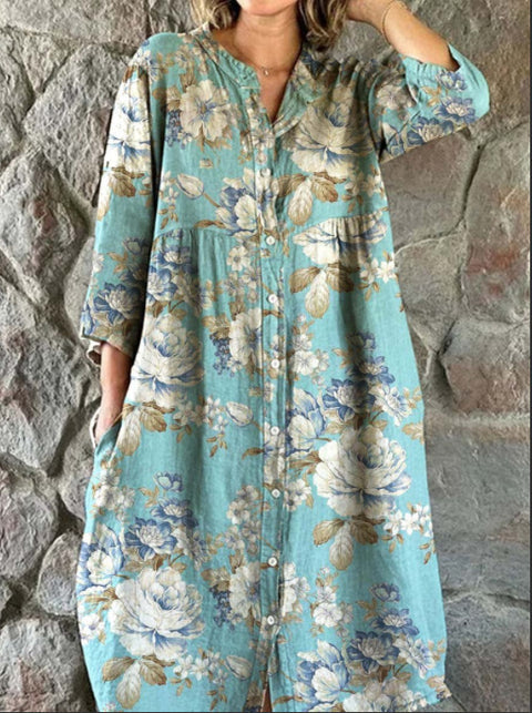 Robe chemise ample à col ras du cou et manches longues pour femme, imprimée, de qualité supérieure, m301050