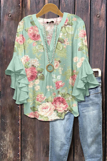 Kreativer Digitaldruck mit Blumenelementdruck, lässiger Trend, V-Ausschnitt, Lotuskante, T-Shirt m301352 