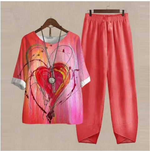 Zweiteiliges Set aus bedrucktem Oberteil und Hose mit geteilten Ärmeln, m300036 