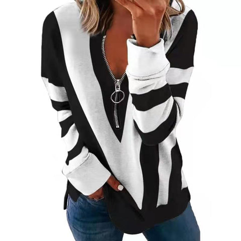 Pull à manches longues et col en V pour femme, imprimé floral, fermeture éclair, M300196 