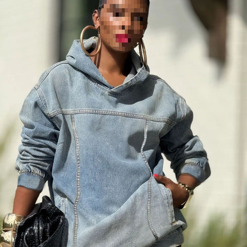 Wash water hooded loose denim sweater blue m303257